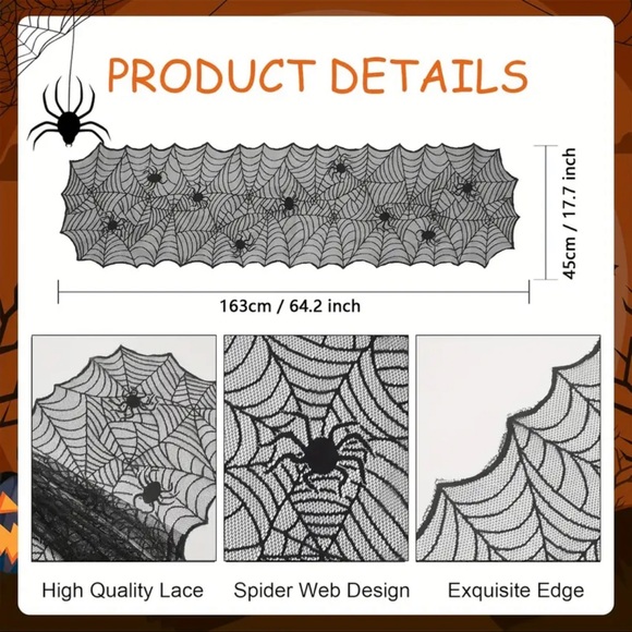 Table Runner, Spider Web Design, NIP, Black - Picture 5 of 8